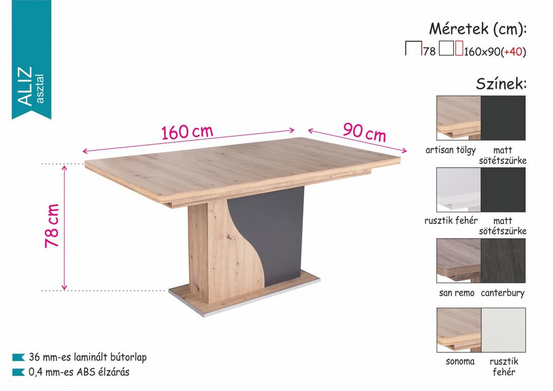 Aliz asztal 160 x 90 cm (DIV)