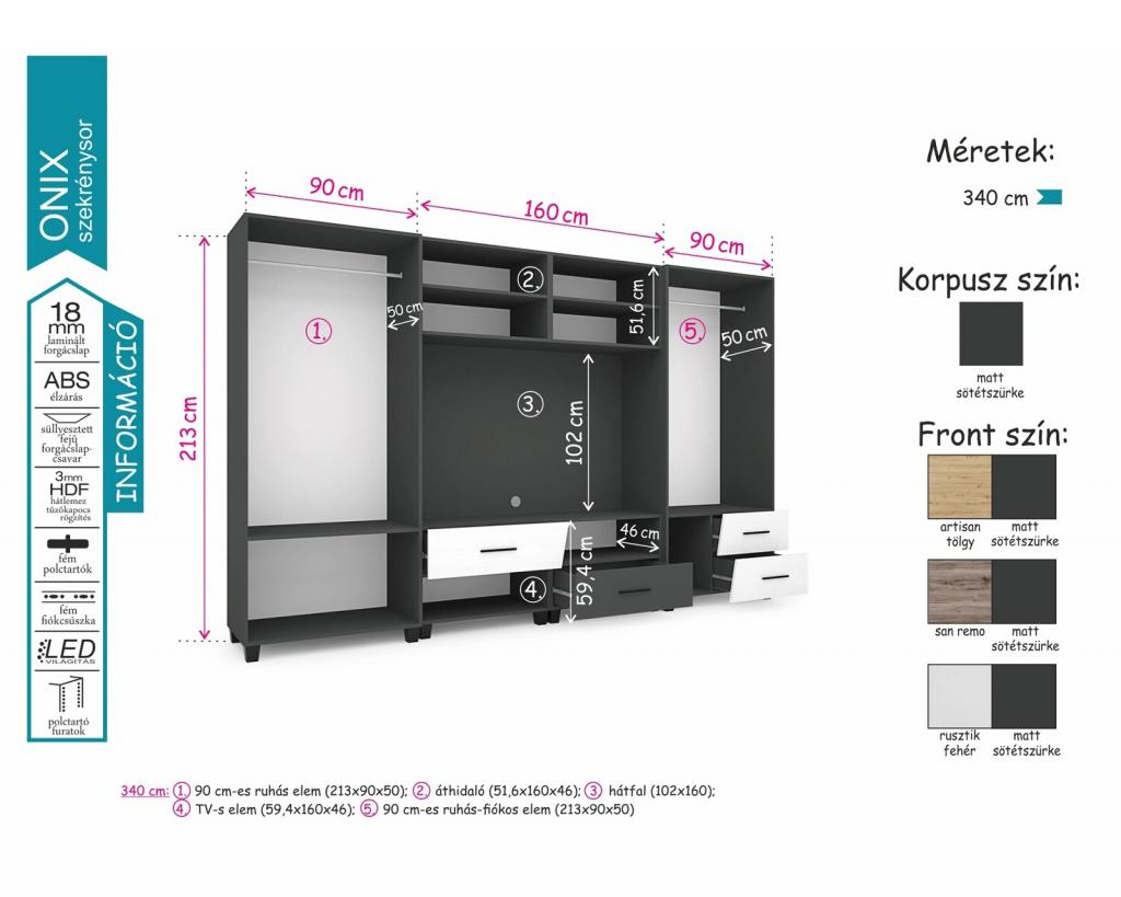 Onix szekrénysor bútorlap vagy tükrös ajtóval- 340 cm széles (DIV)