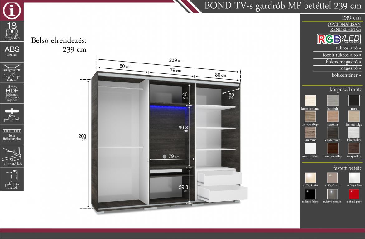 Bond TV-s tolóajtós gardróbszekrény magasfényű betéttel - 239 cm széles (DIV)