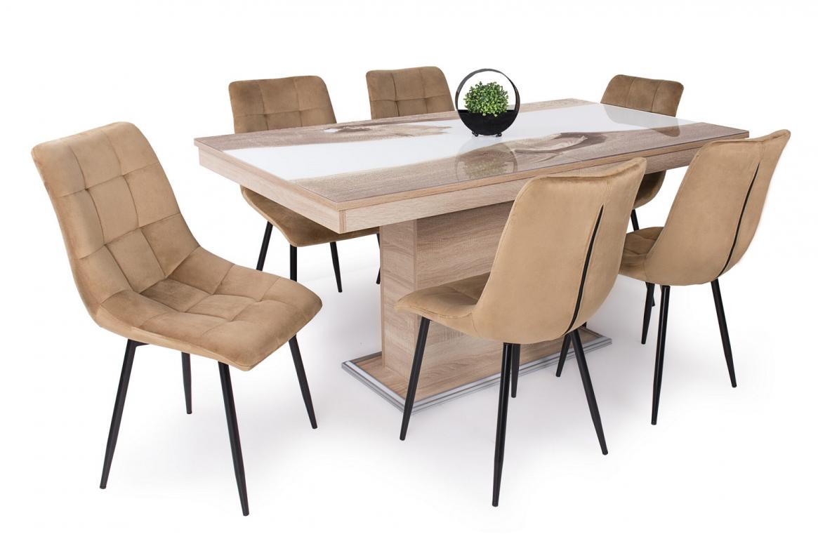 Flóra Plusz asztal epoxy hatású üveglappal étkezőgarnitúra Kitty székkel - 6 személyes (DIV)