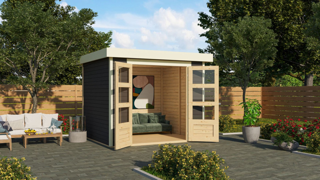 Karibu Askola 3. Lapostetős kerti ház, kerti tároló, terra szürke színű fából 242 cm x 217 cm (RP) Karibu Askola 3. Lapostetős kerti ház, kerti tároló, terra szürke színű fából 242 cm x 217 cm (RP)