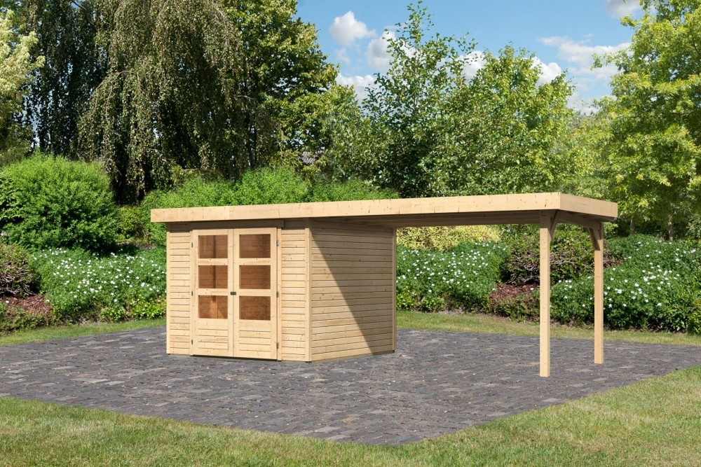 Karibu Askola 3.5 Lapostetős kerti ház, kerti tároló, bővítménnyel/terasszal, natúr fából 497 cm x 246 cm (RP) Karibu Askola 3.5 Lapostetős kerti ház, kerti tároló, bővítménnyel/terasszal, natúr fából 497 cm x 246 cm (RP)