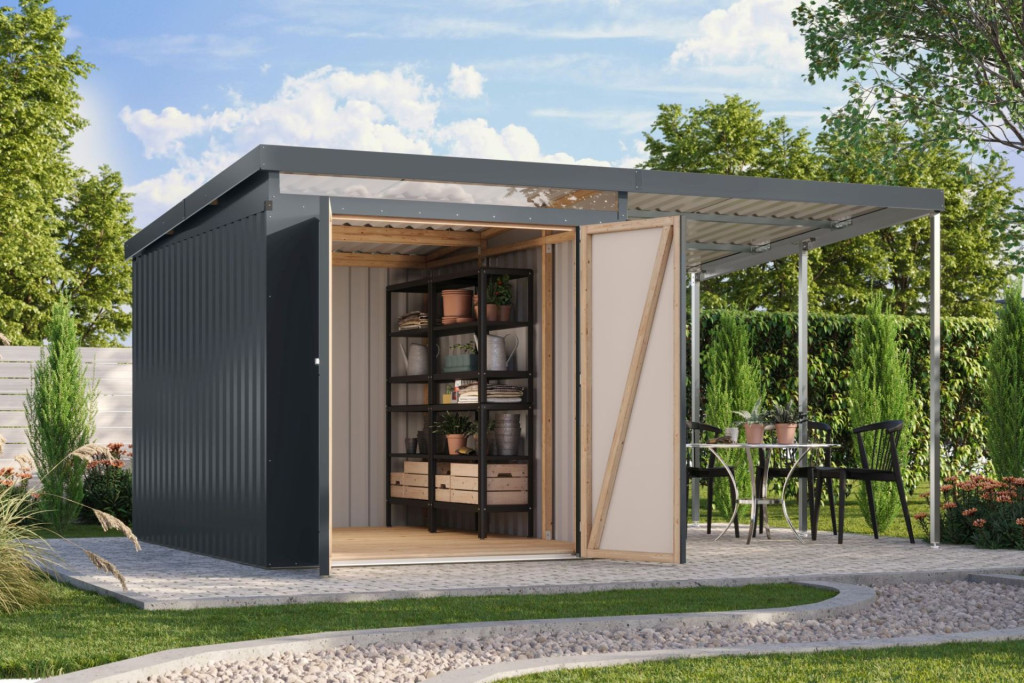 Karibu Iridium 2.5 Antracit színű fém kerti tároló, kerti fészer 2 méteres bővítménnyel/terasszal, 414 cm x 292 cm (RP) Karibu Iridium 2.5 Antracit színű fém kerti tároló, kerti fészer 2 méteres bővítménnyel/terasszal, 414 cm x 292 cm (RP)