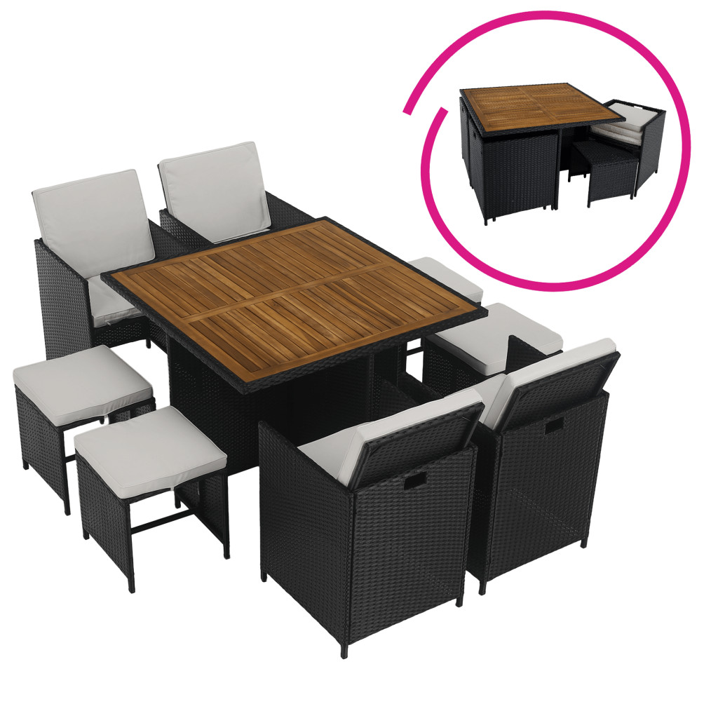 Kerti rattan szett, akácfa, fekete/krémszínű/természetes, MELFORD (RP)