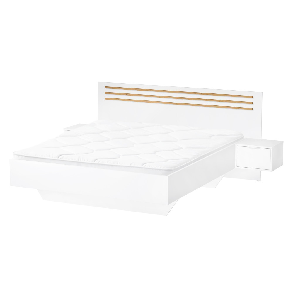 Ágy + 2x éjjeliszekrény, fehér/artisan tölgy, 160x200, FLORENS (RP)