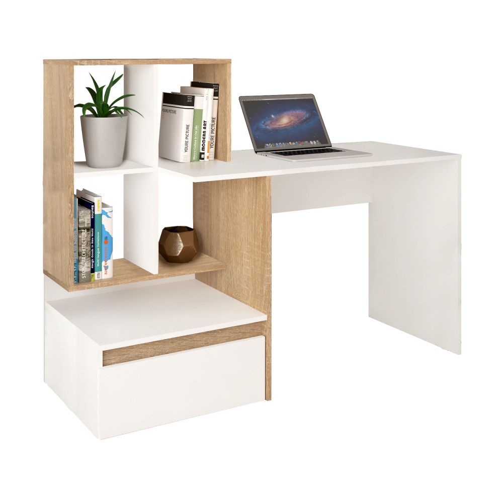 Számítógépasztal, fehér/sonoma tölgy, EROSS NEW (RP)