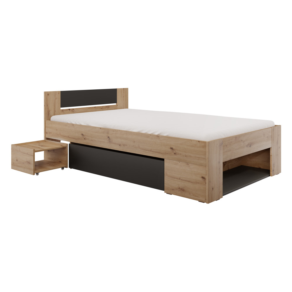 Ágy tárhellyel, 120x200, artisan tölgy/antracit, UNIS (RP)