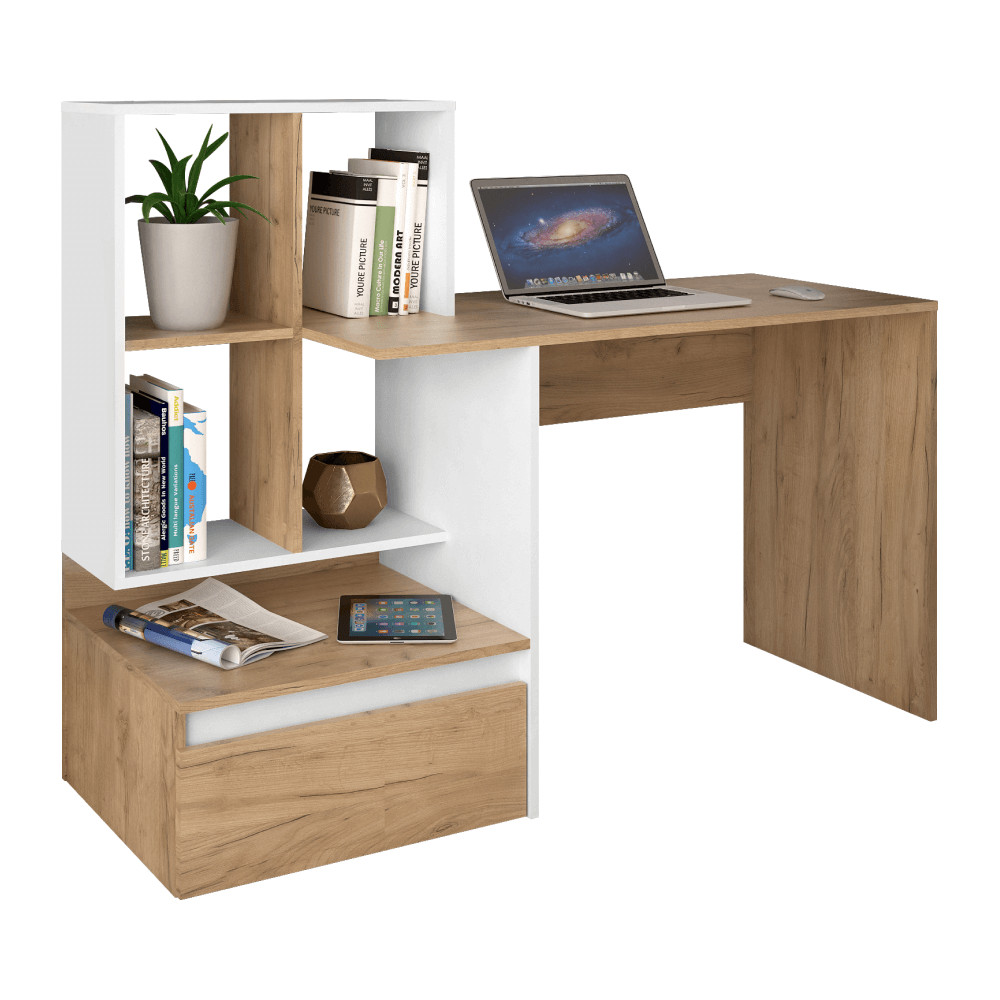 Számítógépasztal, artisan tölgy/fehér, NEREO NEW (RP)