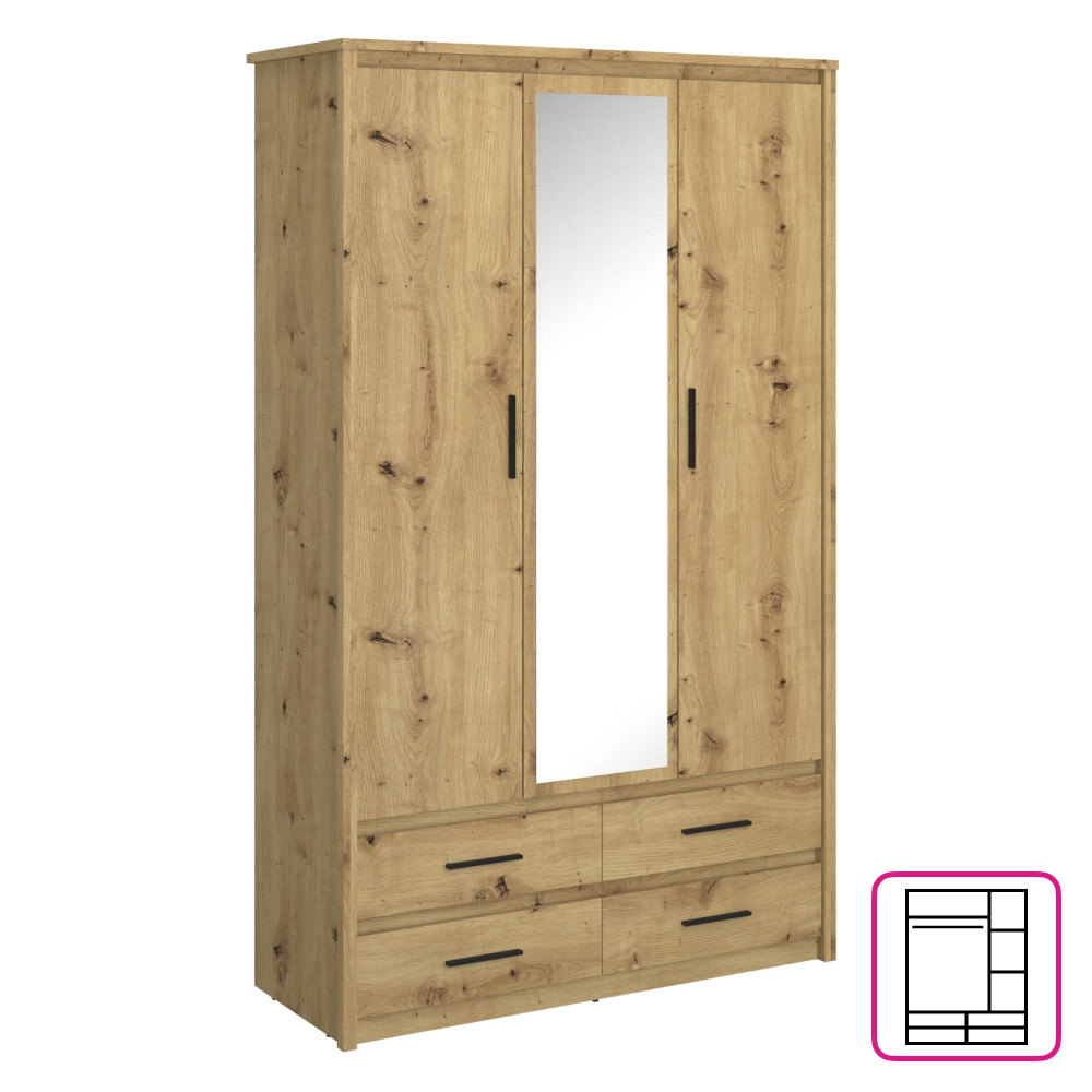Szekrény tükörrel 3D4S, artisan tölgy, AIRON (RP)