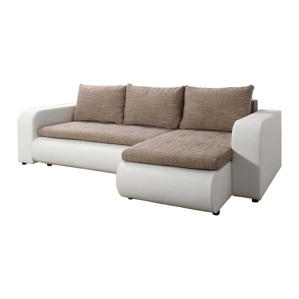 Kinyitható ülőgarnitúra, fehér/barna, jobbos, BURAN ROH (RP)