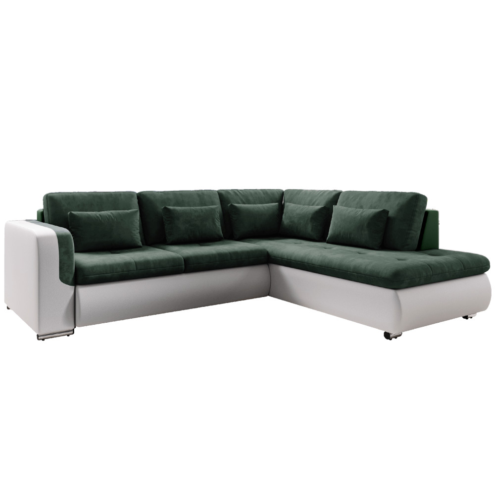 Kinyitható ülőgarnitúra, fehér/zöld, jobbos, FURUD L ROH (RP)