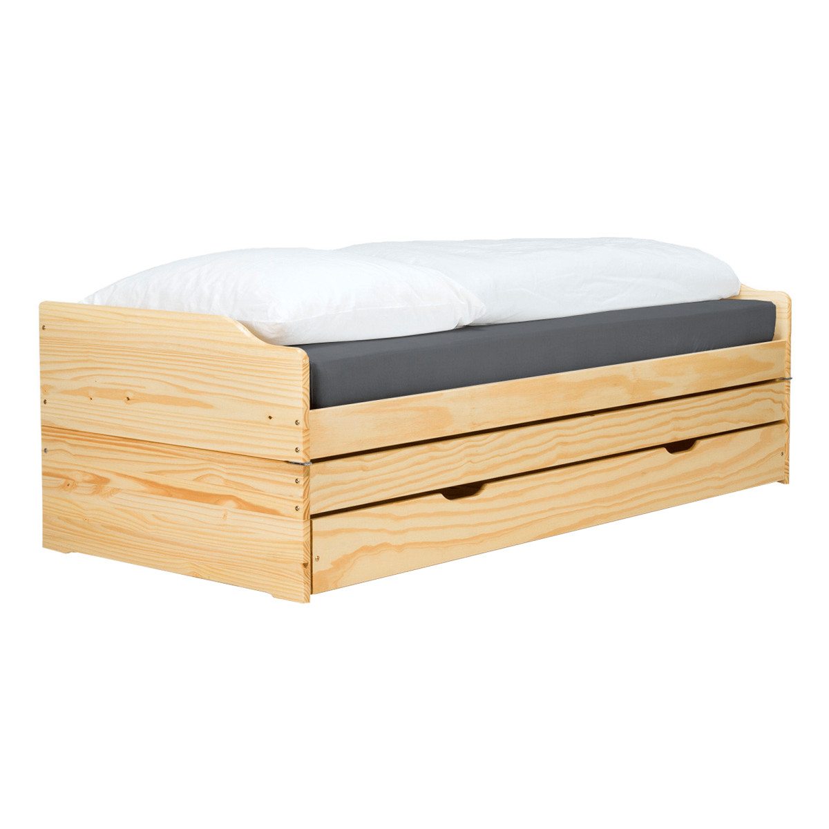 Ágy kihúzható pótágyakkal, természetes, tömörfa, 90x200, FLOPY (RP)
