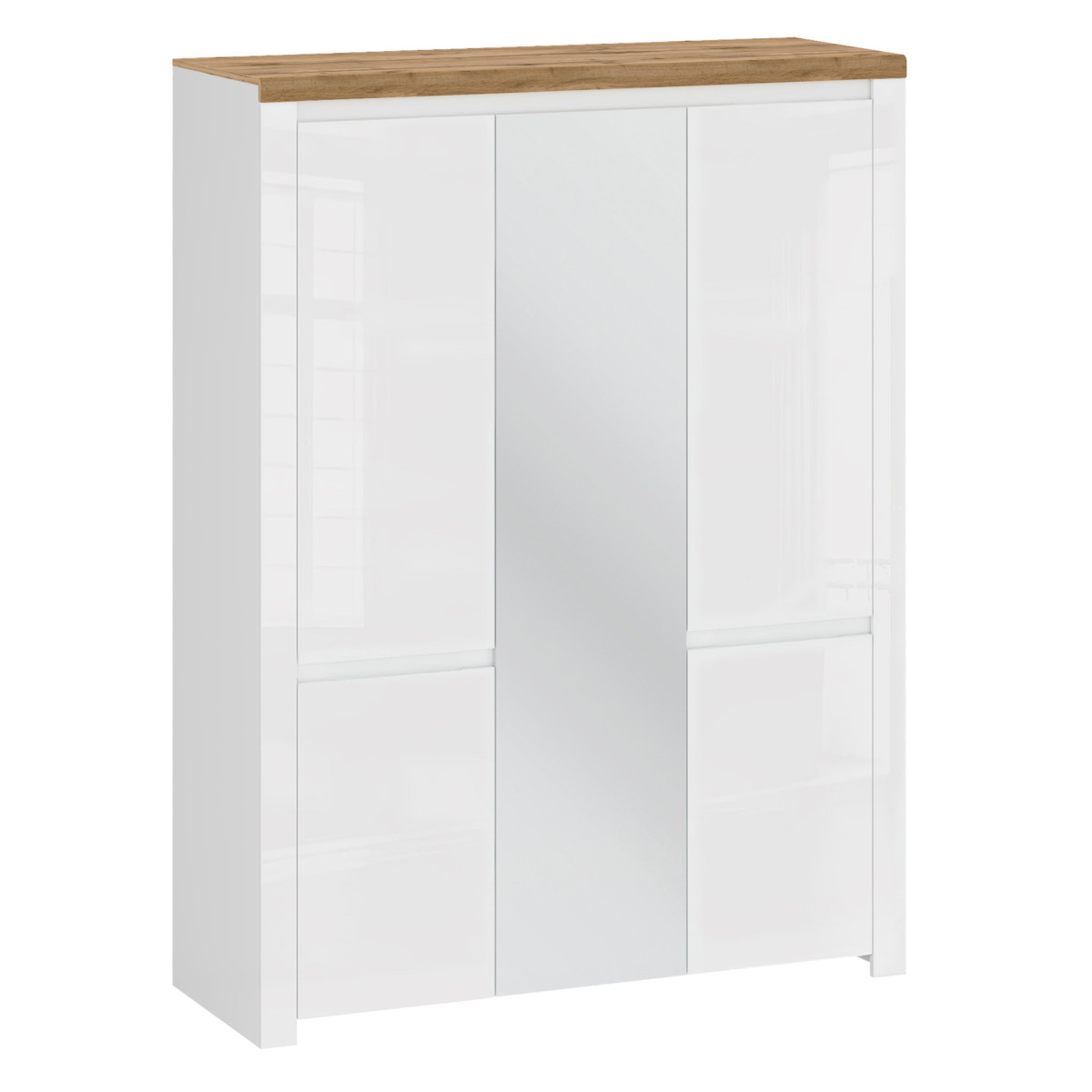 Szekrény 5D tükörrel, fényes fehér/wotan tölgy, VILGO (RP)