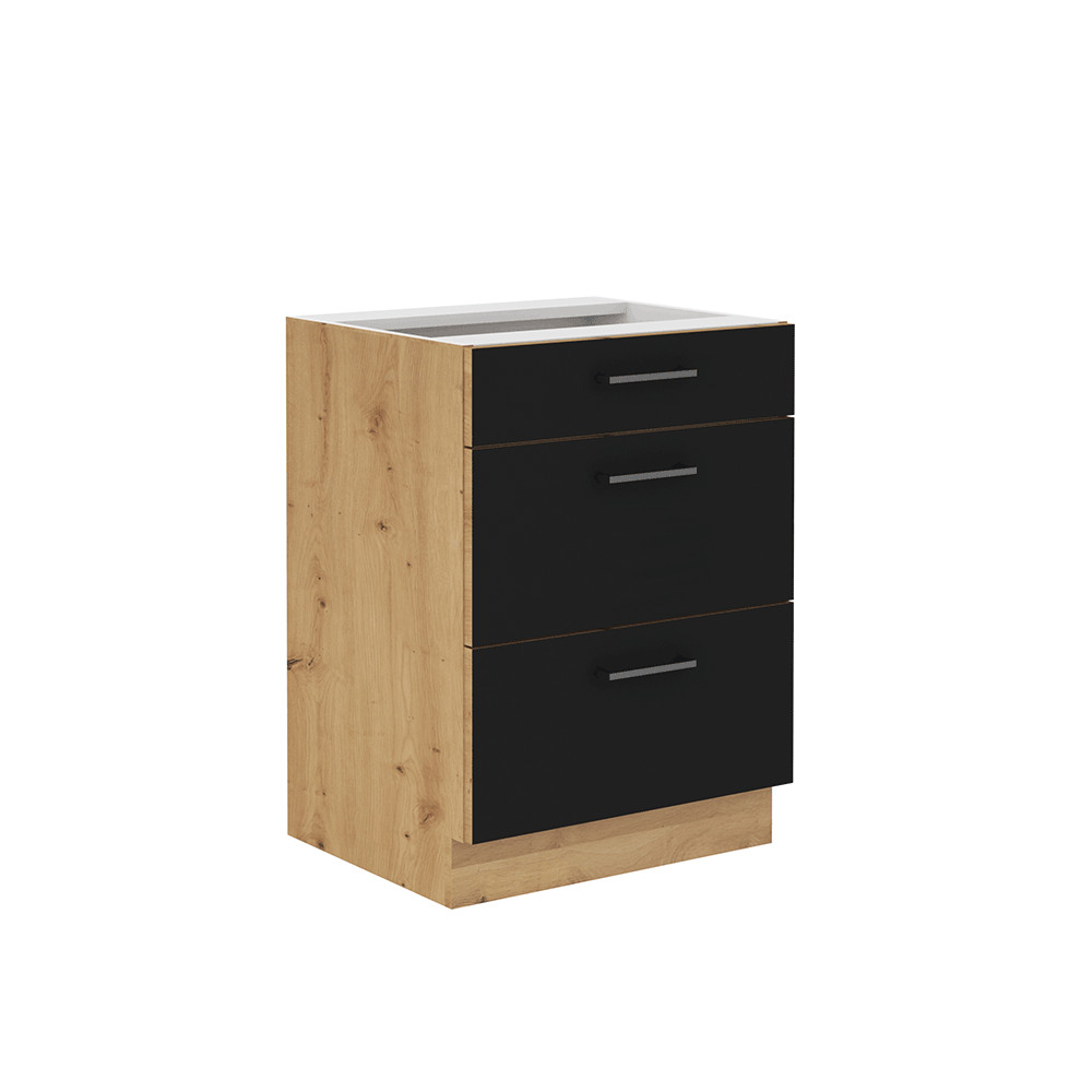 Alsó szekrény fiókokkal, matt fekete/artisan tölgy, MONRO 60 D 3S BB (RP)