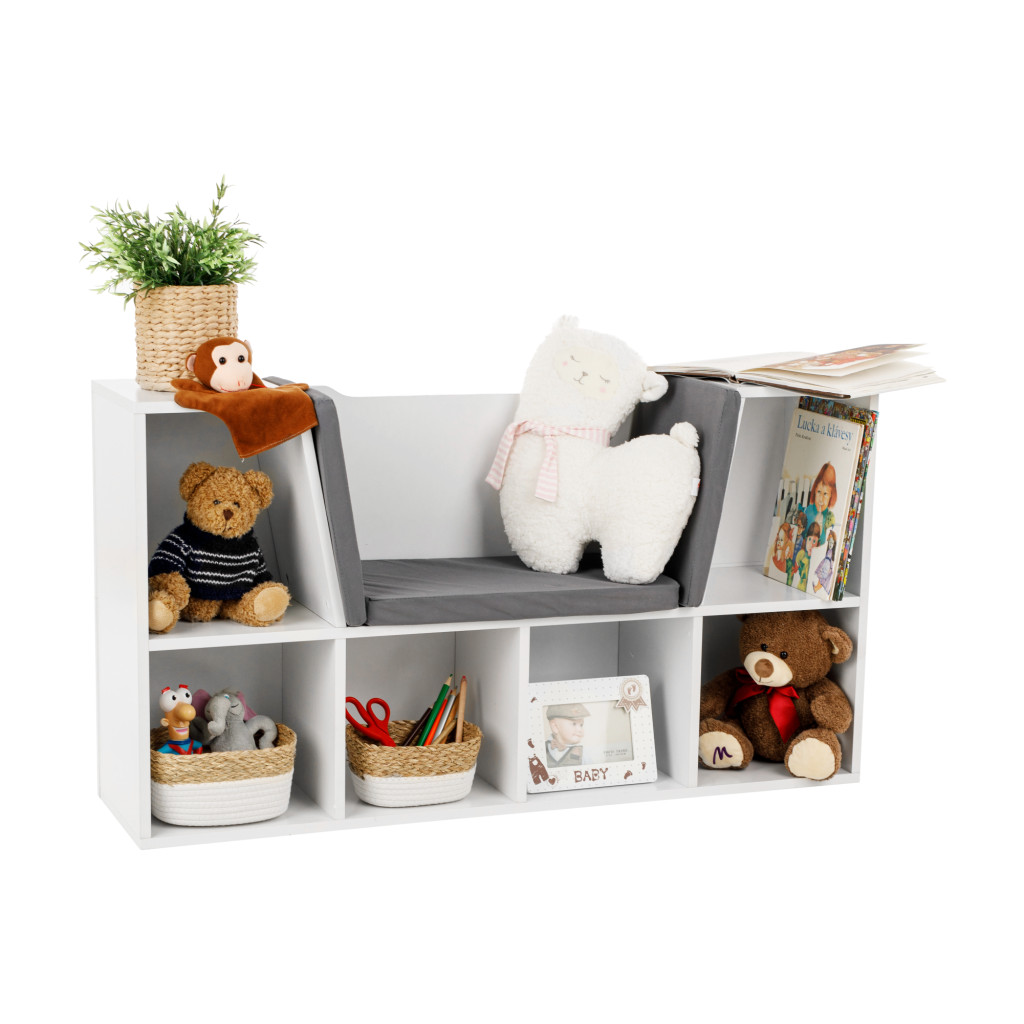 Gyerekkönyvtár ülőhellyel, fehér/szürke, FERIA (RP)