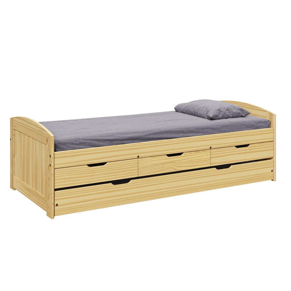 Ágy kihúzható pótággyal, természetes, tömörfa, 90x200, MARINELLA NEW (RP)