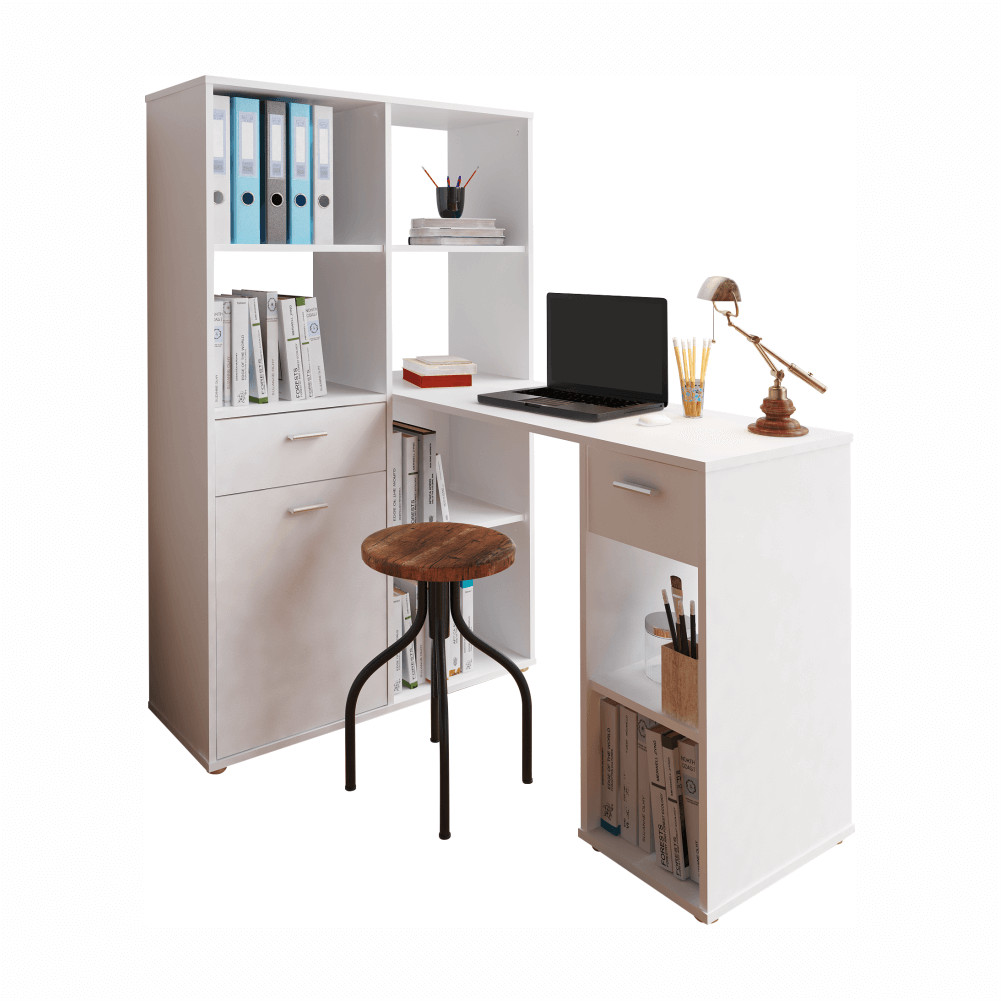 Sarok PC asztal könyvespolccal, fehér, MINESON (RP)