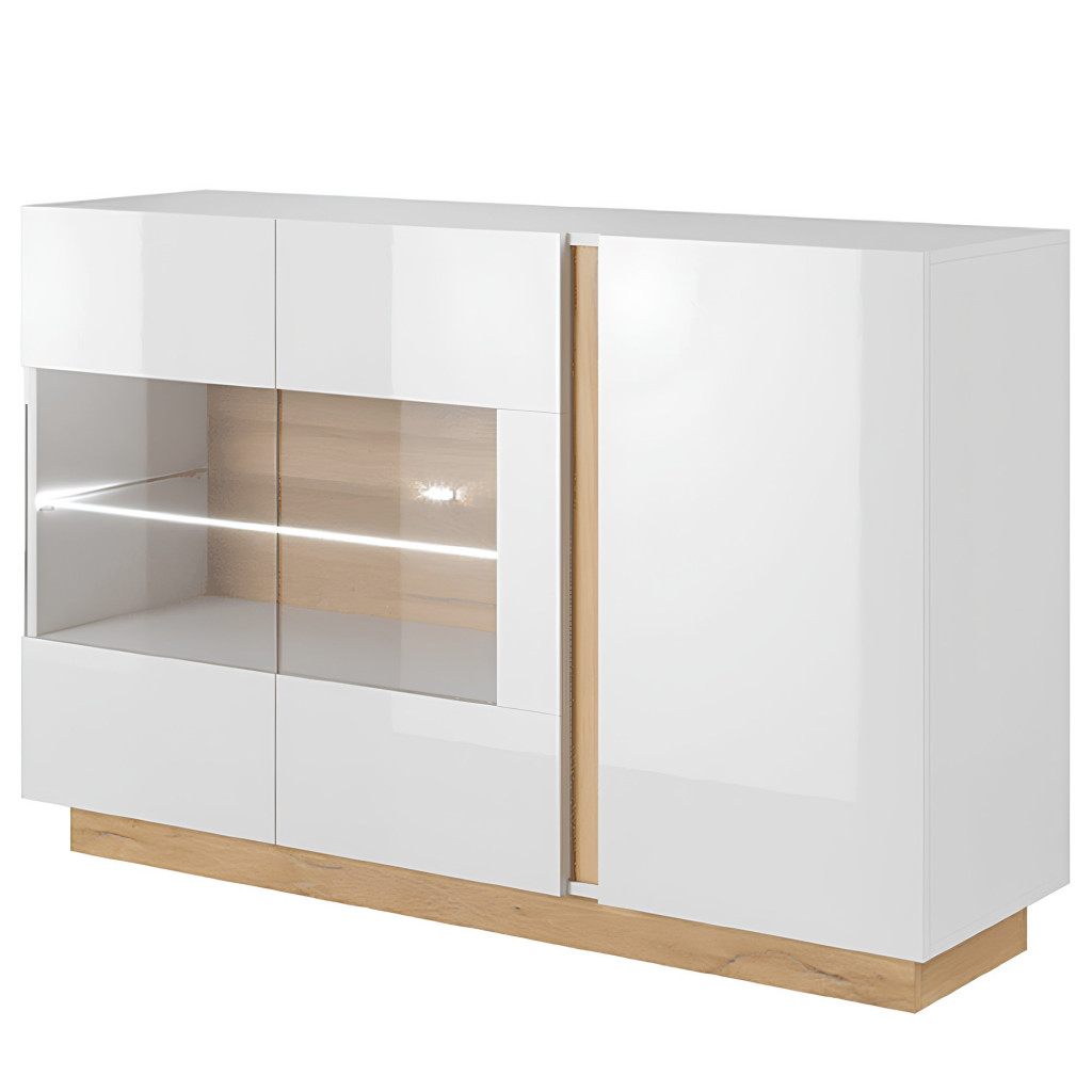 Komód üveggel, fehér/tölgy grandson/magasfényű fehér, CITY (RP)