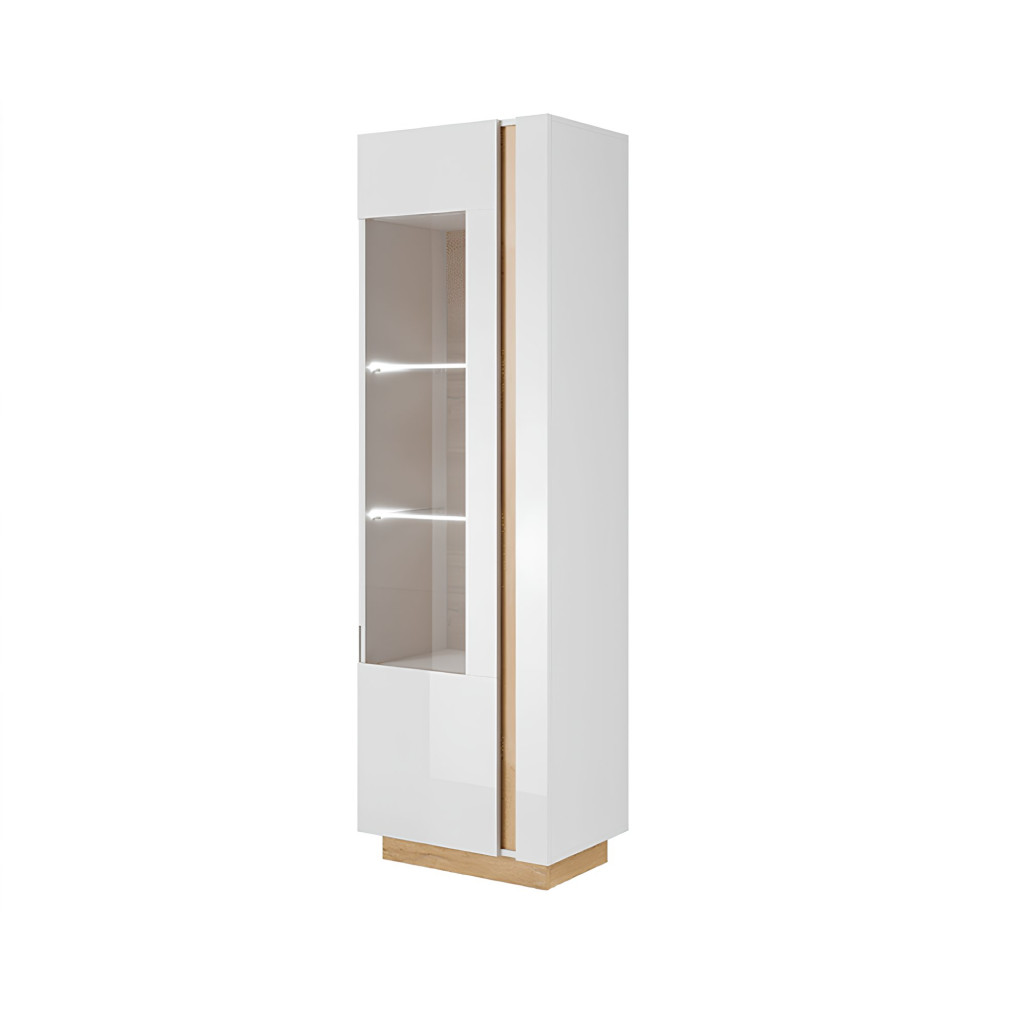 Magas vitrines szekrény 60, fehér/tölgy grandson/magasfényű fehér, CITY (RP)