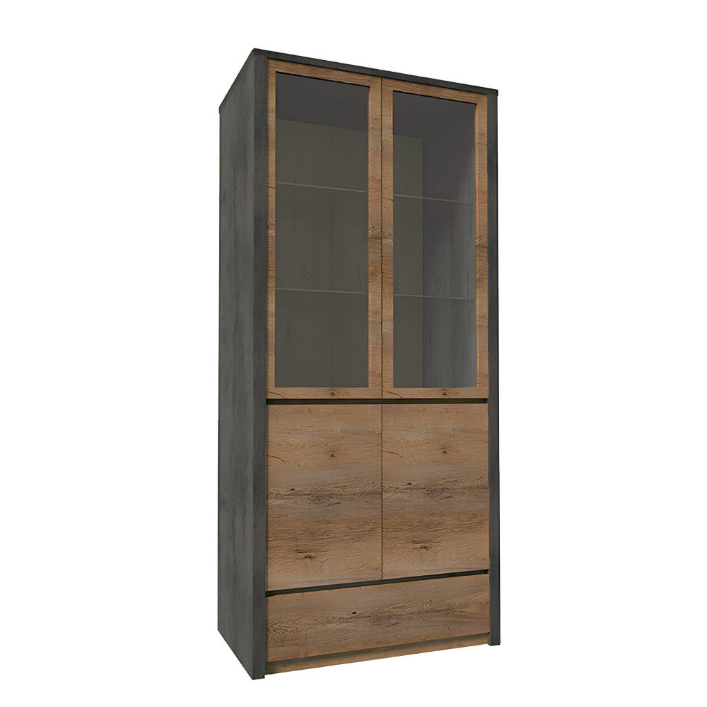 Vitrines szekrény, tölgy lefkas sötét/smooth szürke, MONTANA W2D (RP)
