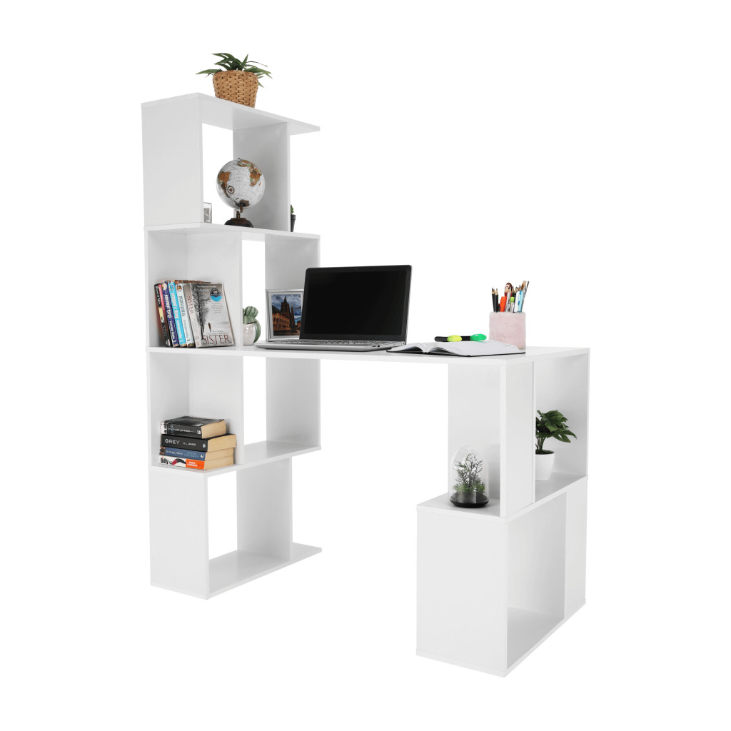 PC asztal könyvespolccal, fehér, FLOKI NEW (RP)