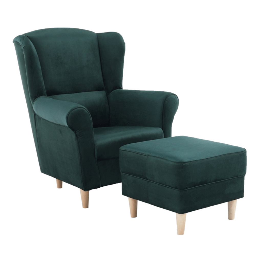 Füles fotel puffal, szövet smaragd, ASTRID (RP)