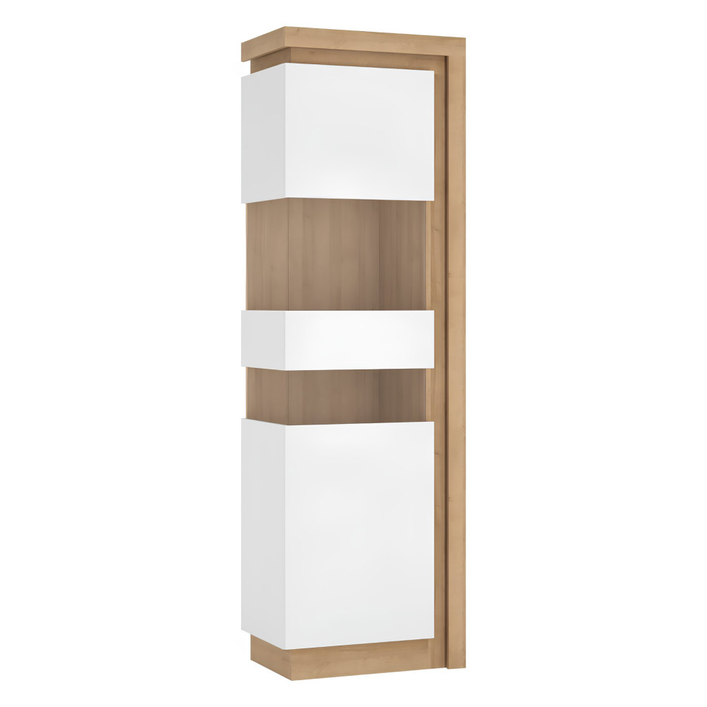 Vitrines szekrény LYOV03L, tölgy riviera/fehér extra magasfényű, LEONARDO (RP)