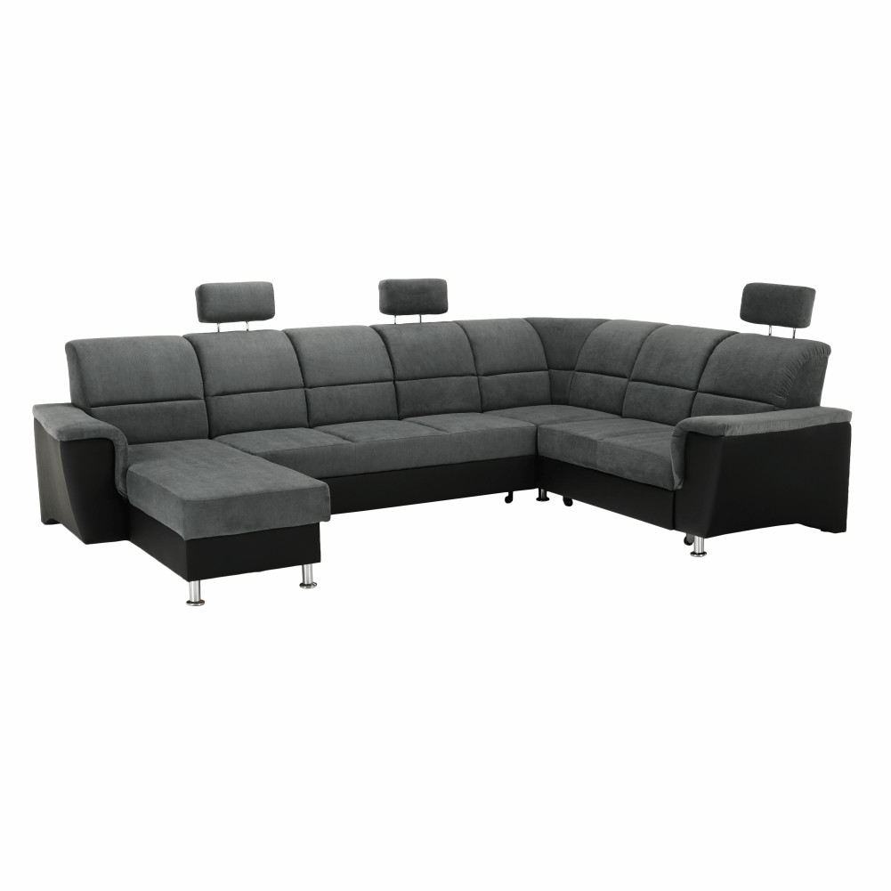 Ülőgarnitúra, műbőr fekete/szövet sötétszürke, jobbos, SANTIAGO U (RP)