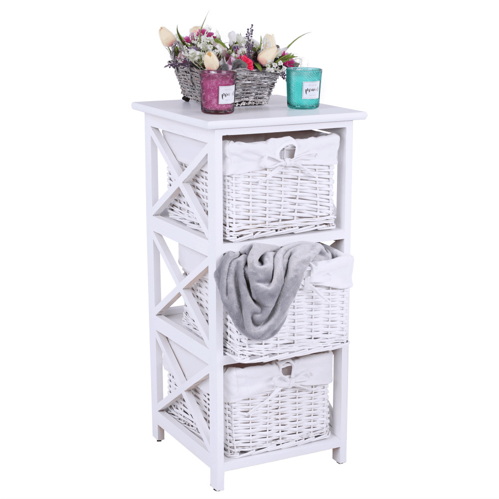 Komód, fa/vesszőfonás/szövet, fehér, RAFAELLO 3 (RP)