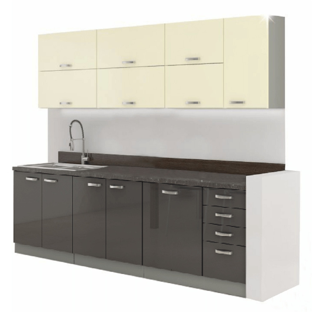 konyhabútor, szürke/bézs, extra magas fényű, PRADO (RP)