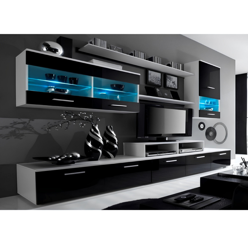 Nappali sor LED világítással, fehér/fekete- extra magas fényű HG, LEO (RP)