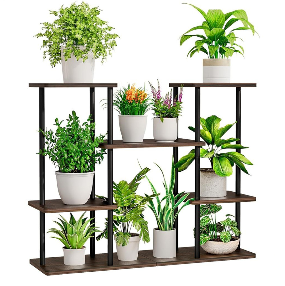 Fém virágtartó állvány, fekete/rusztikus fa, LEDER (RP)