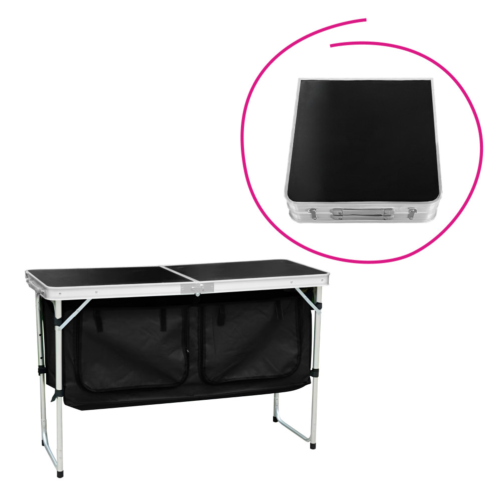 Összecsukható kempingasztal rendszerezővel, 120 cm, alumínium/MDF, KEPI TYP 3 (RP)