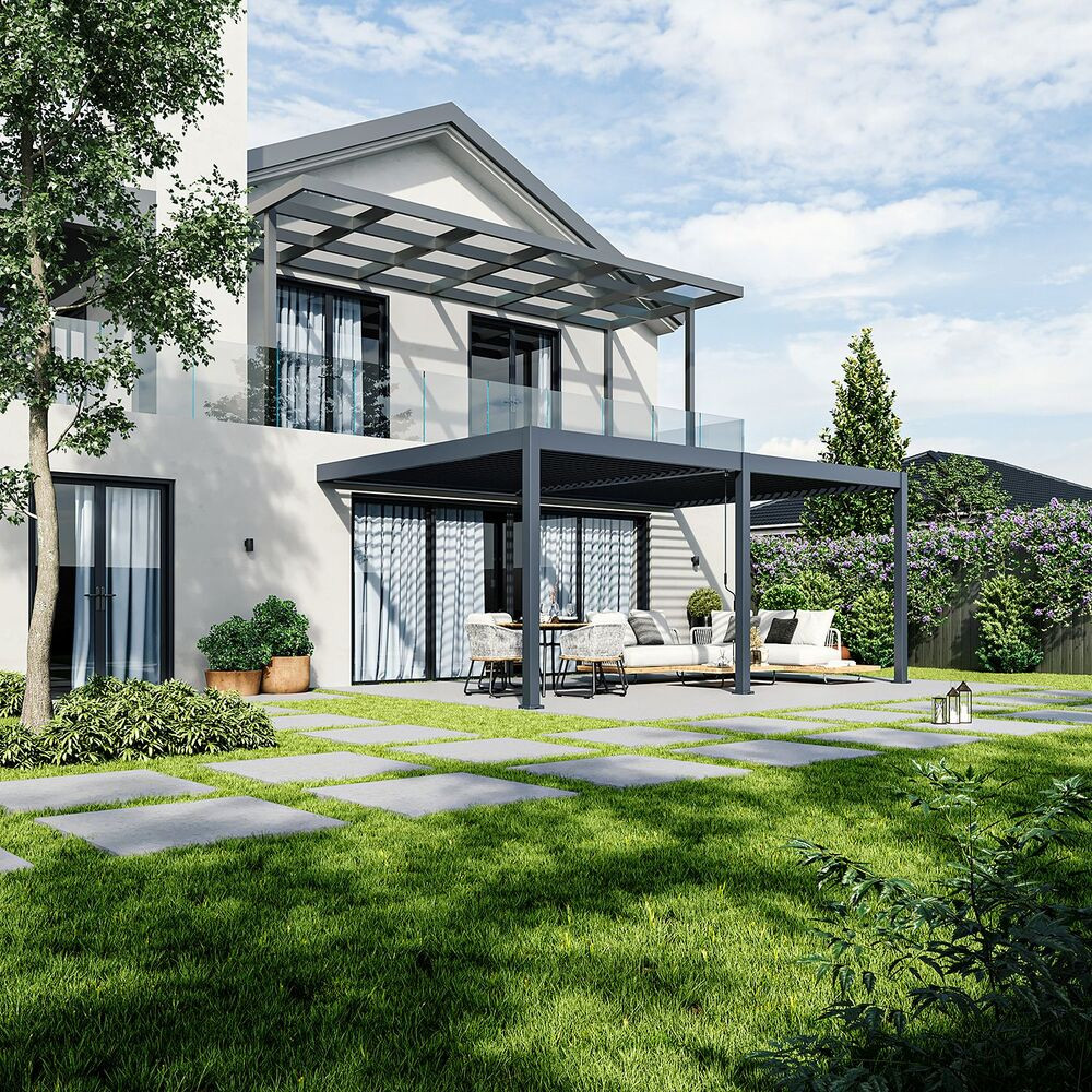 Rojaplast INTRO DUO bioklimatikus pergola 6×4 m – alumínium, falhoz rögzíthető, antracit színben (RP)