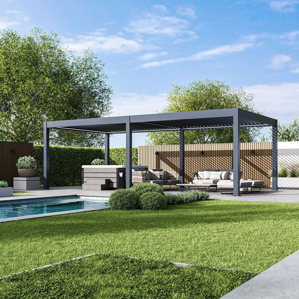 Rojaplast PRESTIGE 8×4 m elektromos bioklimatikus pergola – prémium alumínium árnyékoló LED-világítással és motoros lamellákkal (RP)