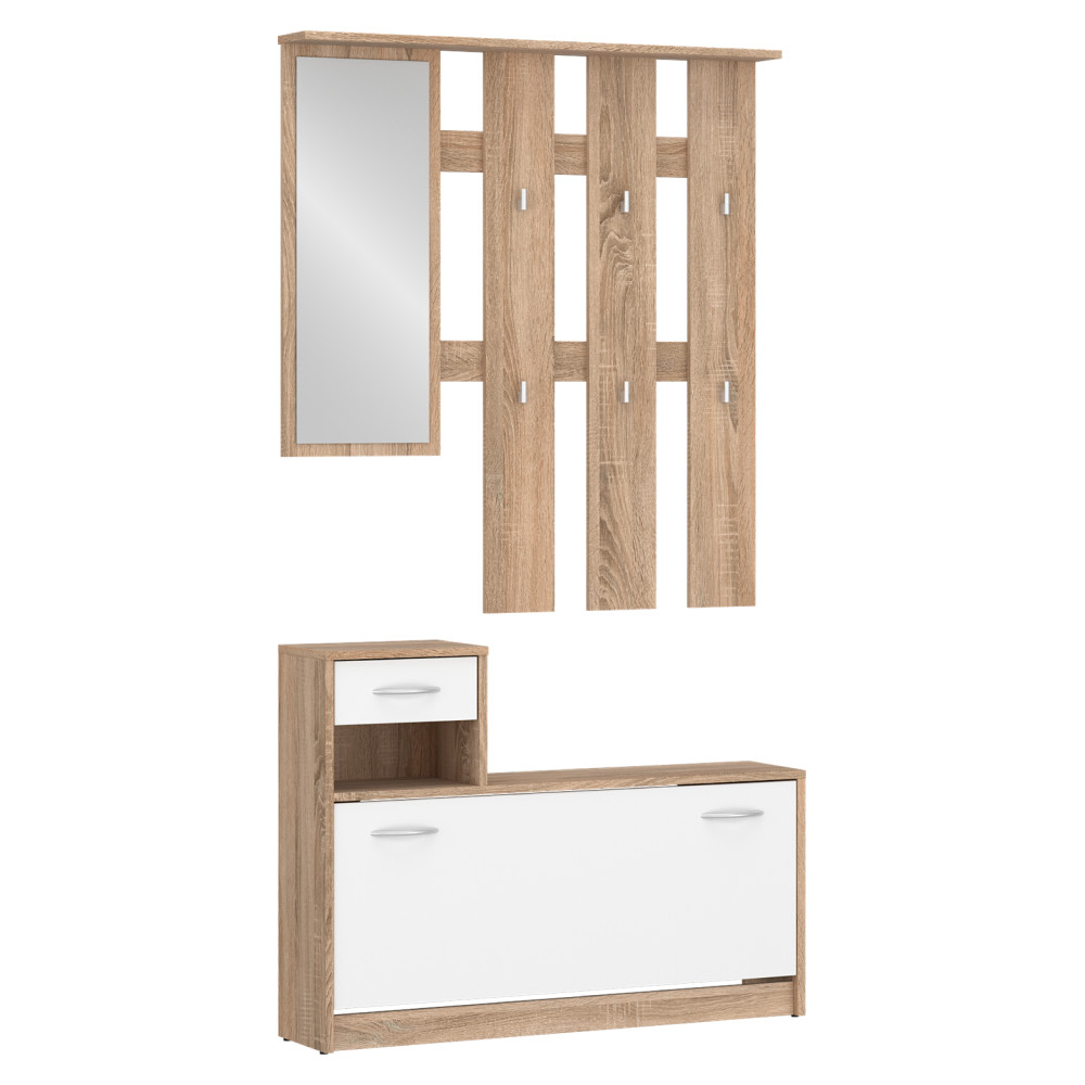 Előszobabútor összeállítás, sonoma tölgy/fehér, VIRA-MECKI NEW (RP)