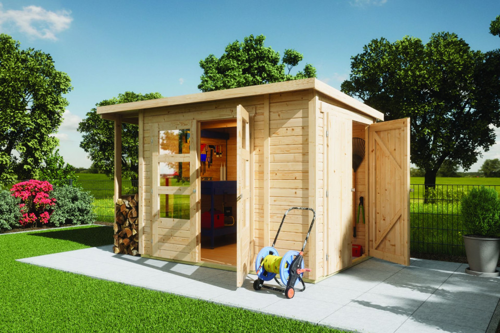 Karibu kertiház „Multifunkcionális fészer 19 mm-es tetővel” Modern, natúr felületű fából készült, ferde tetővel (RP)