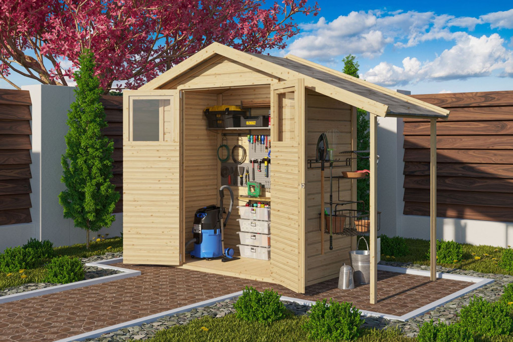 Karibu Dana kis fa kerti tároló, fészer, modern nyeregtetővel, natúr fából 257 cm x 93 cm (RP)