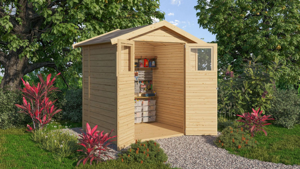 Karibu Dahme 2. kis fa kerti tároló, fészer, modern nyeregtetővel, natúr fából 180 cm x 152 cm (RP)