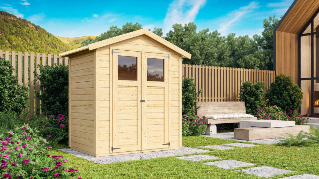 Karibu Dahme 1. kis fa kerti tároló, fészer, modern nyeregtetővel, natúr fából 180 cm x 123 cm (RP)