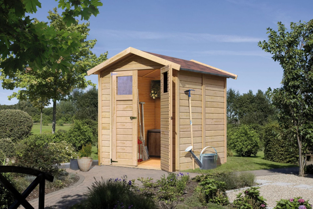 Karibu Dahme 3. kis fa kerti tároló, fészer, modern nyeregtetővel, natúr fából 180 cm x 184 cm (RP)