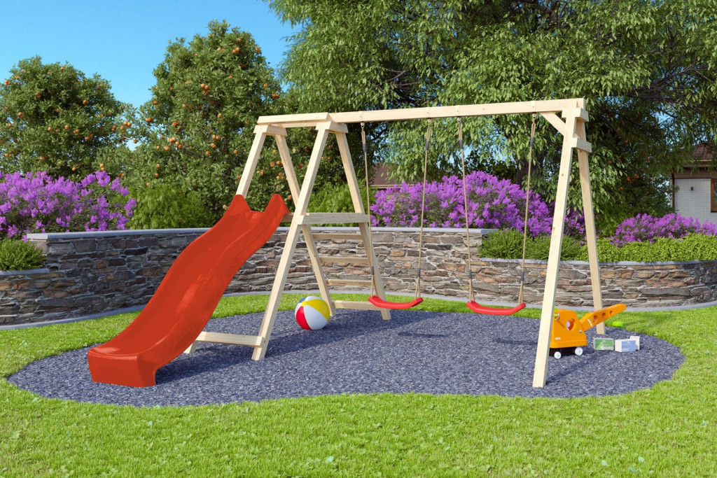 Karibu Felix kétszemélyes fa hinta mászókával, piros csúszdával, 308 cm x 264 cm (RP)