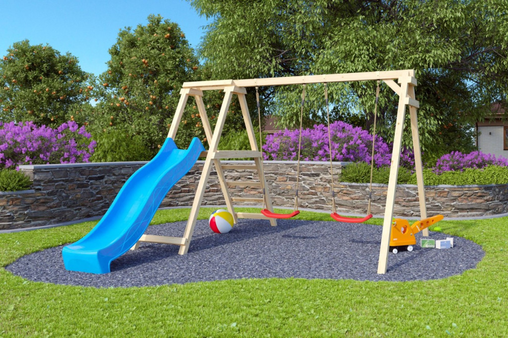 Karibu Felix kétszemélyes fa hinta mászókával, kék csúszdával, 308 cm x 264 cm (RP)