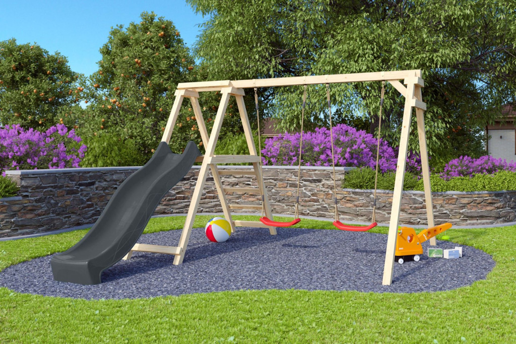 Karibu Felix kétszemélyes fa hinta mászókával, antracit csúszdával, 308 cm x 264 cm (RP)