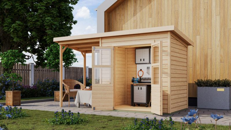 Karibu Merseburg 3. kis fa kerti tároló, fészer, tetővel és bővítménnyel/terasszal, modern dizájnnal, natúr fából  370 cm x 154 cm (RP)
