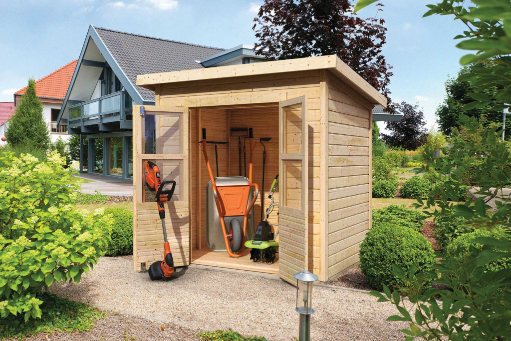 Karibu Merseburg 3. kis fa kerti tároló,  fészer, modern tetővel, natúr fából 212 cm x 154 cm (RP)