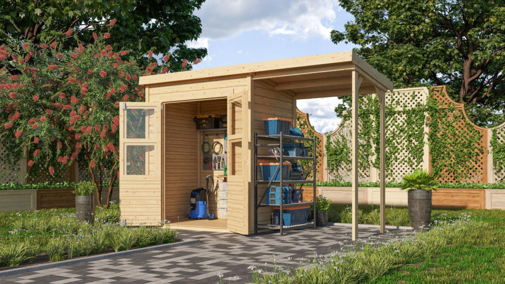 Karibu Merseburg 2. kis fa kerti tároló, fészer, tetővel és bővítménnyel/terasszal, modern dizájnnal, natúr fából 320 cm x 126 cm (RP)