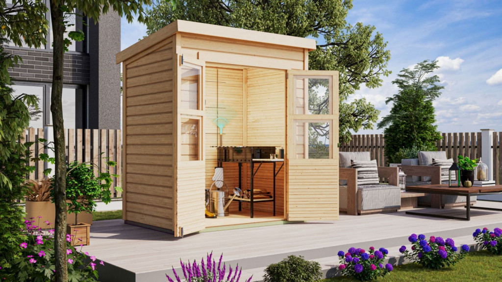 Karibu Merseburg 2. kis fa kerti tároló, fészer, modern tetővel, natúr fából 182 cm x 126 cm (RP)