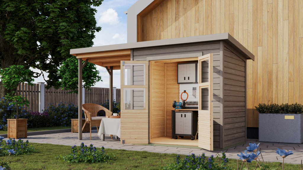 Karibu Merseburg 3. kis fa kerti tároló, fészer, tetővel és bővítménnyel/terasszal, modern dizájnnal, szürkére festett fából  370 cm x 154 cm (RP)