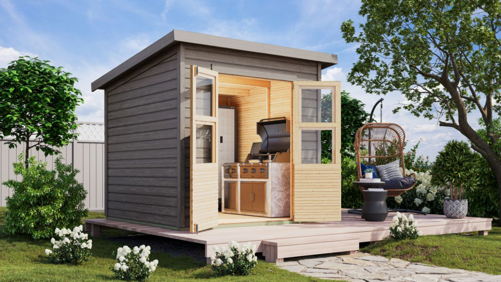 Karibu Merseburg 3. kis fa kerti tároló, fészer, modern tetővel, szürkére festett fából 212 cm x 154 cm (RP)